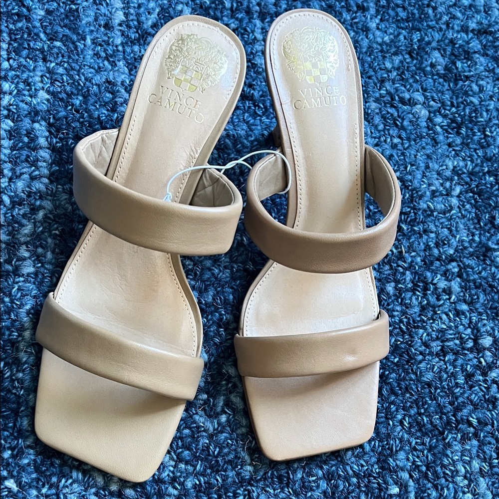 Vince Camuto Neutral Tan Double-Strap Square-Toe Slide Heels